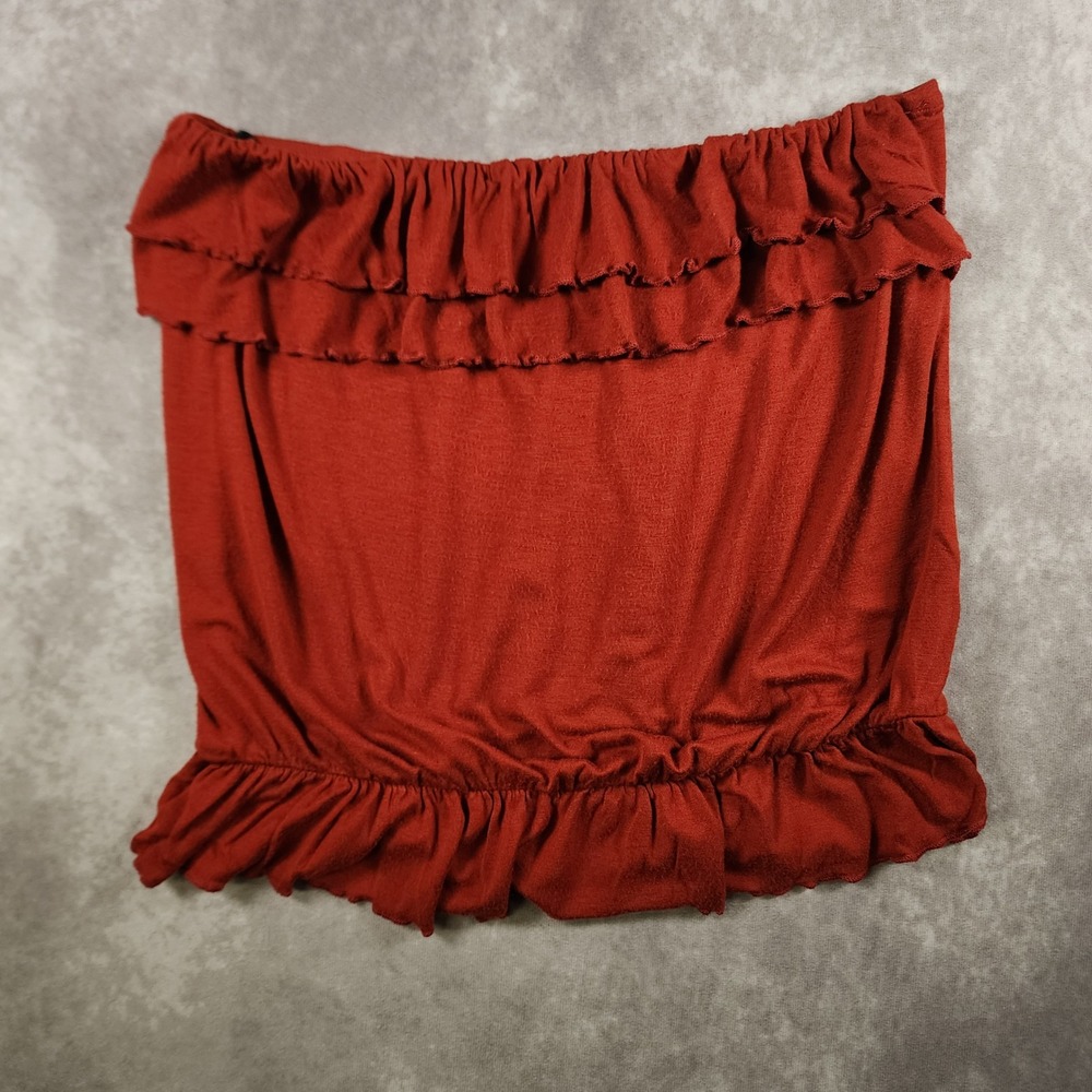 Chocolate USA Women Large Rust Orange Ruffle Strapless Tube Top Smocked Boho - Picture 2 of 7